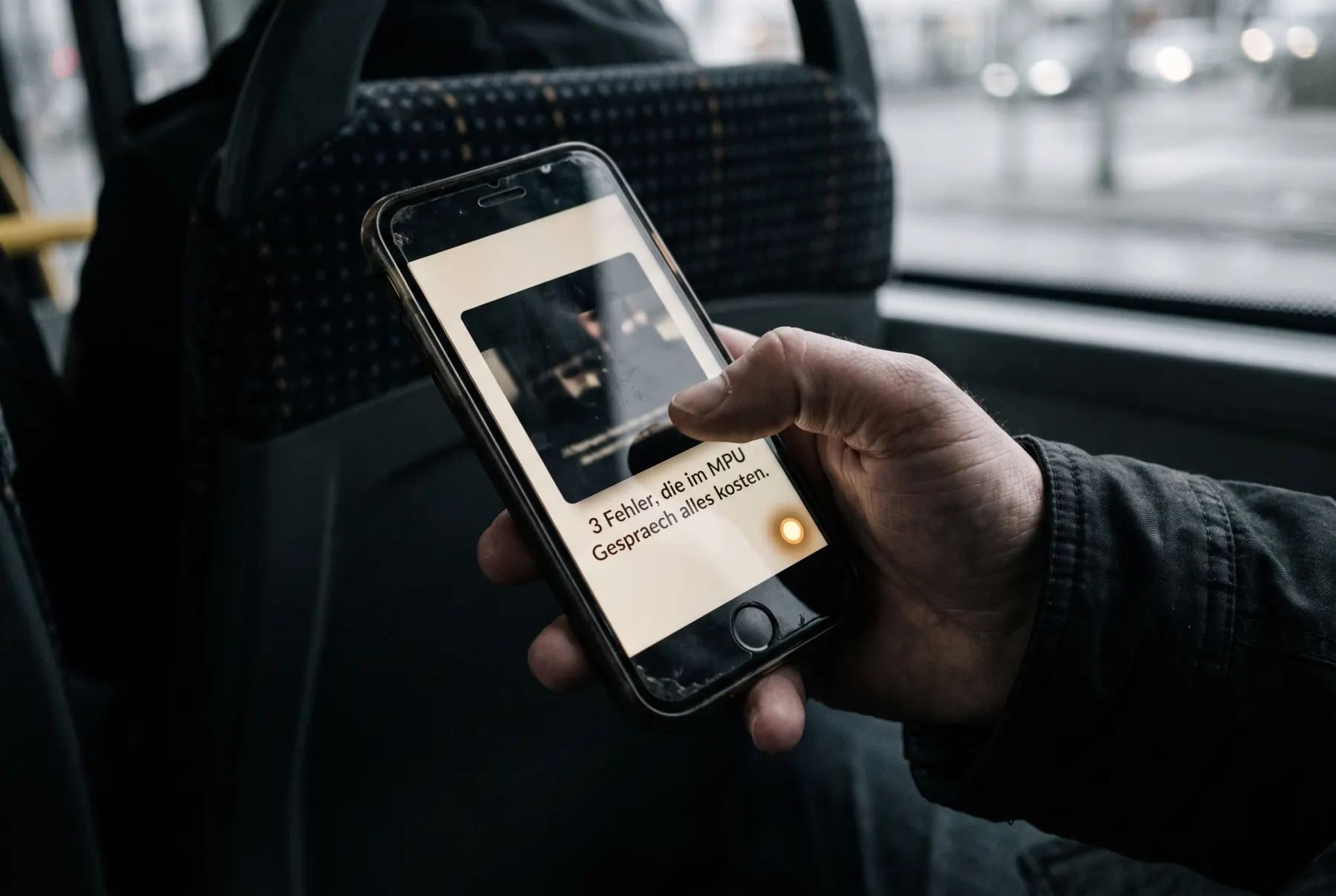 Eine Hand hält ein Telefon im Bus, auf dem Bildschirm ein Beitrag mit der Zeile „3 Fehler, die im MPU Gespraech alles kosten“.