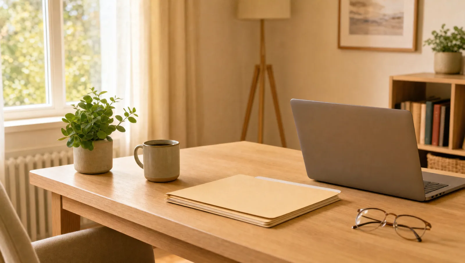 Ein aufgeräumter heller Schreibtisch mit einem geschlossenen Stapel Mappen, Laptop und Kaffee.