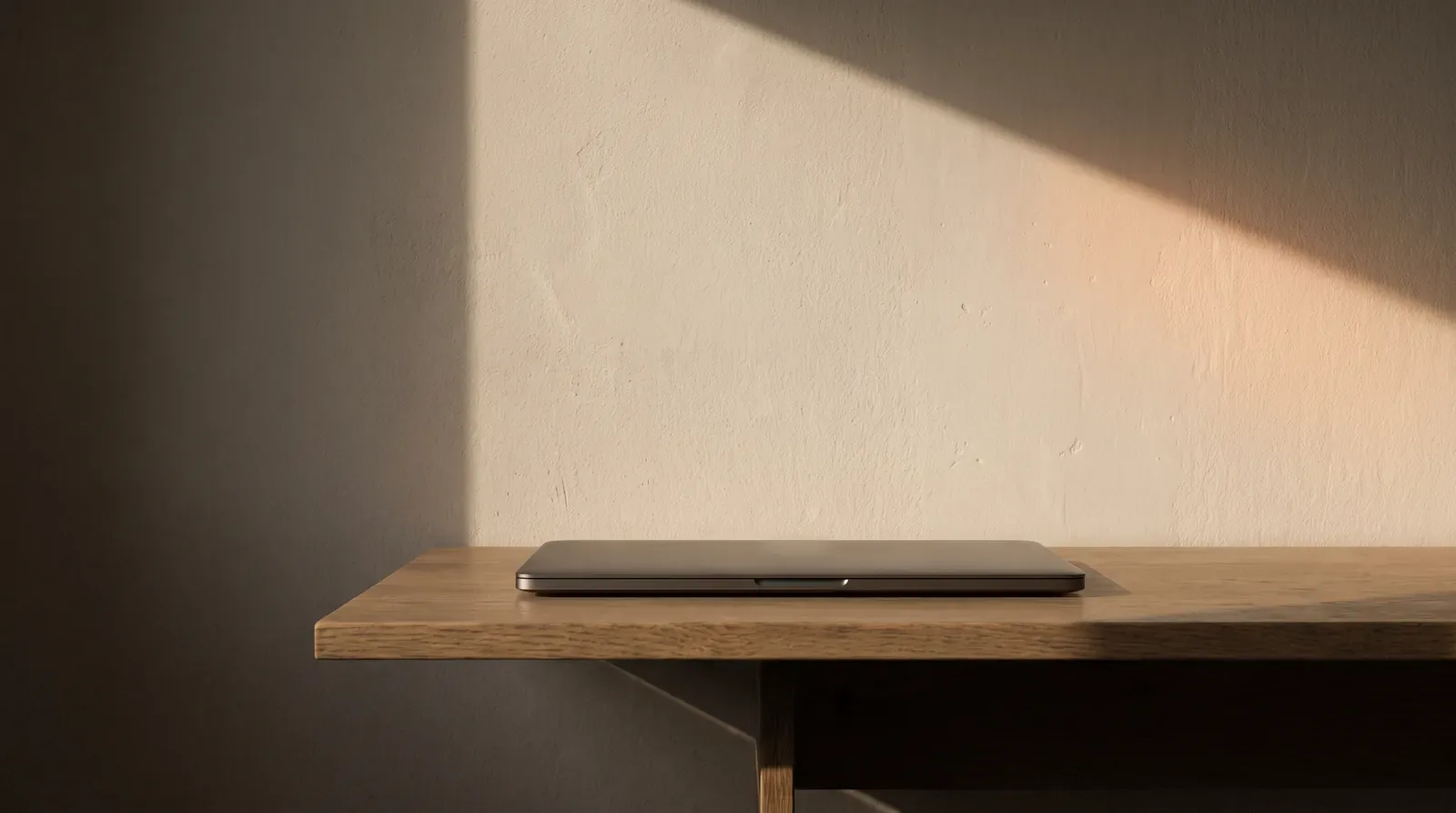 Ein geschlossener Laptop auf einer Eichenplatte. Von rechts faellt eine schraege Lichtbahn auf die Putzwand dahinter.