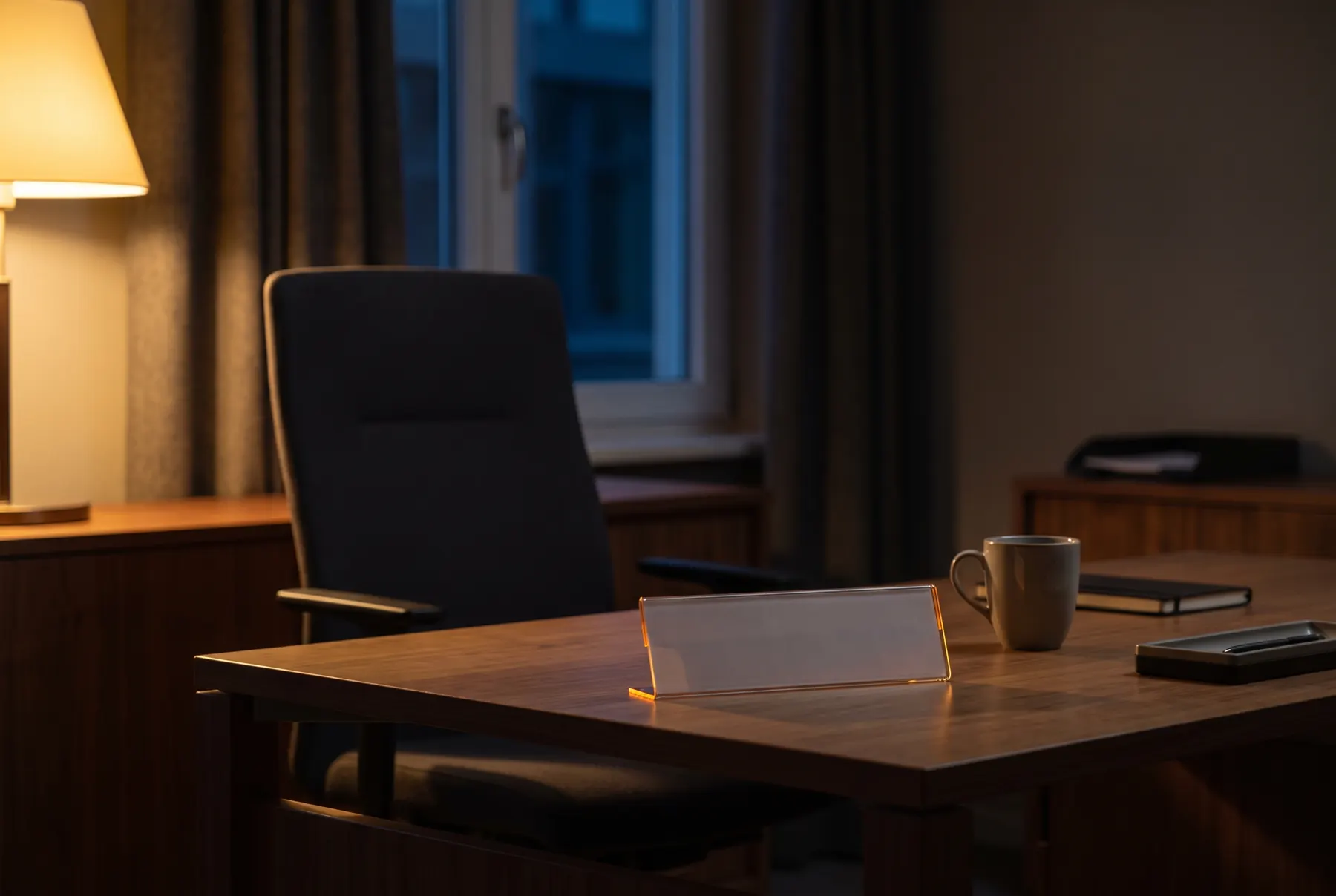 Ein leerer Bürostuhl steht zurückgeschoben vor einem aufgeräumten Schreibtisch, darauf ein leeres Namensschild.
