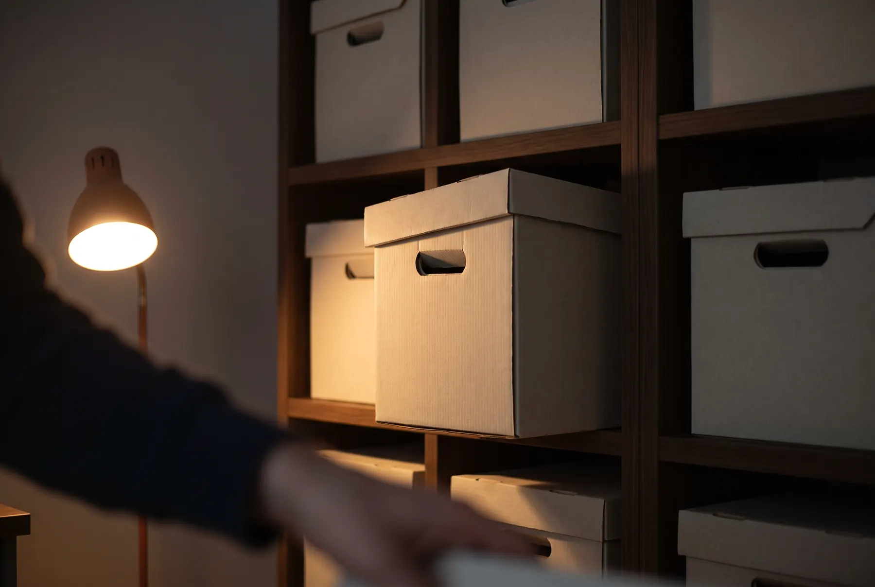 Archivkartons stehen in einem Regal, einer ist herausgezogen und fängt eine warme Lichtkante, sein Deckel steht einen Spalt offen.